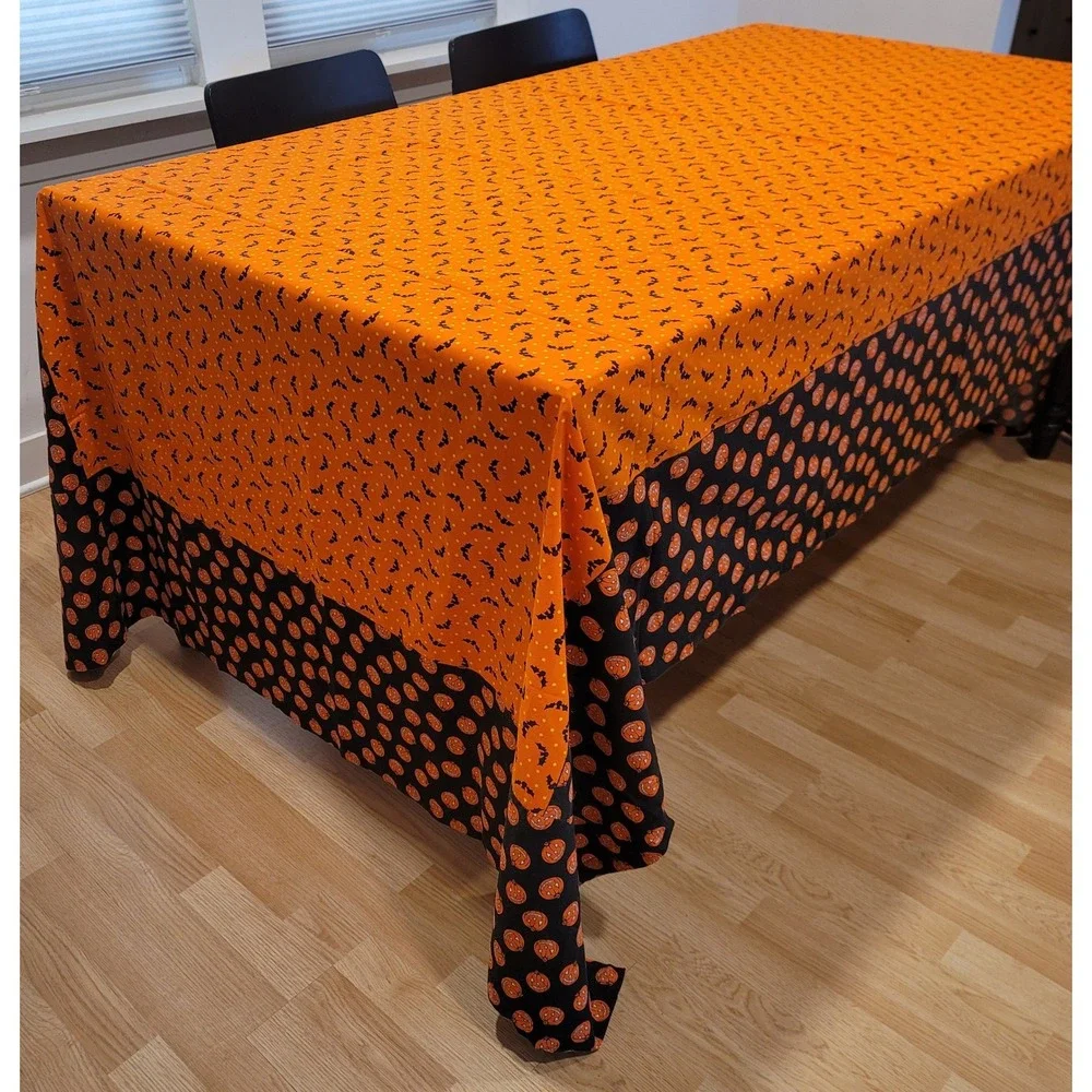 Handmade Halloween Tablecloth Orange Black Bats Pumpkins Extra Long 65